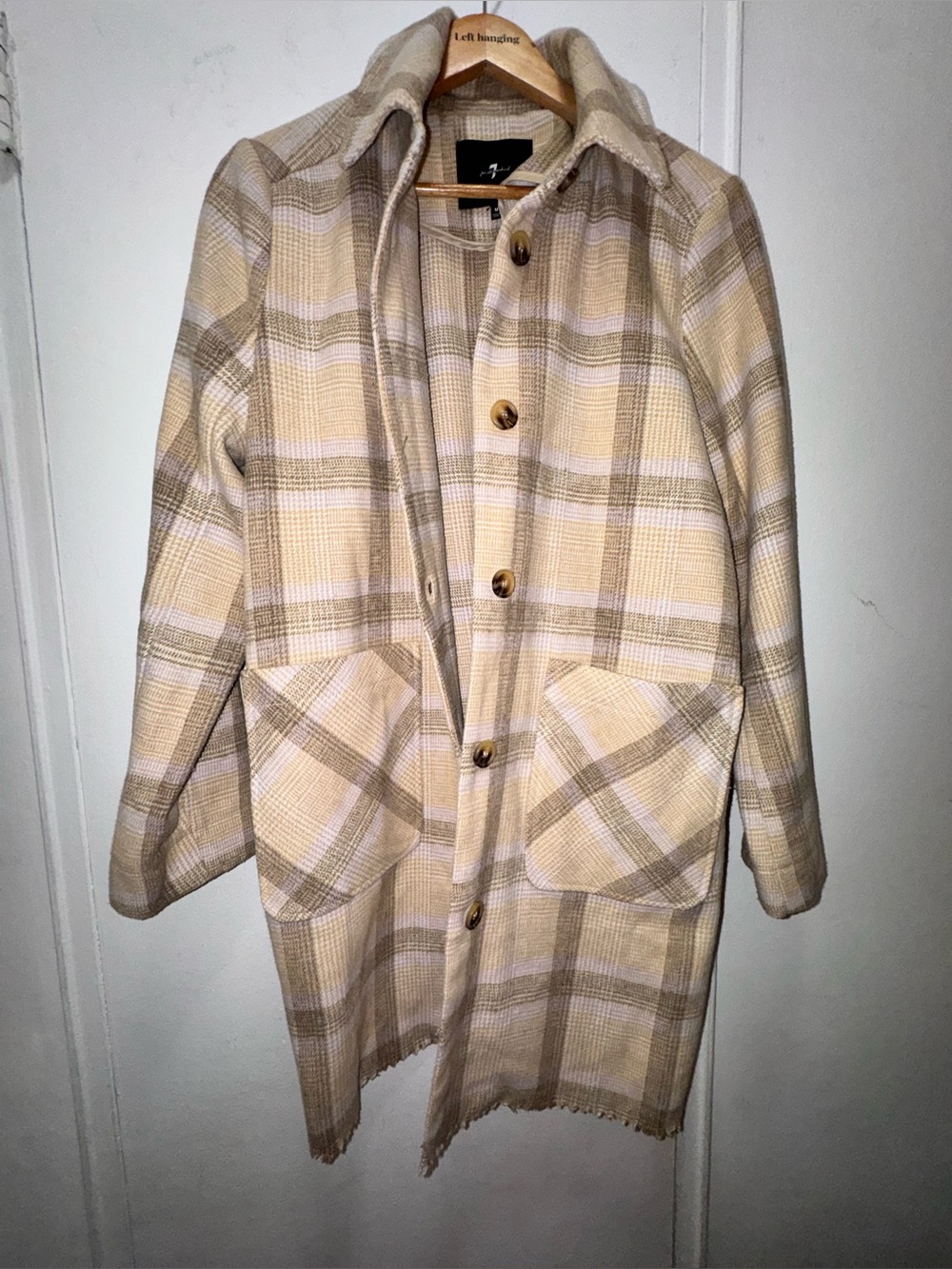 7 For All Mankind Wool-Blend Plaid Coat in Beige Medium